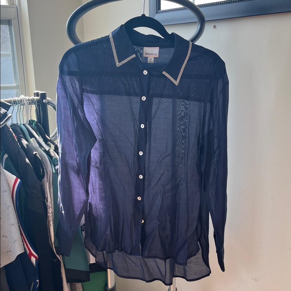 Navy Sheer Button-Up Shirt with rhinestone trim collar
